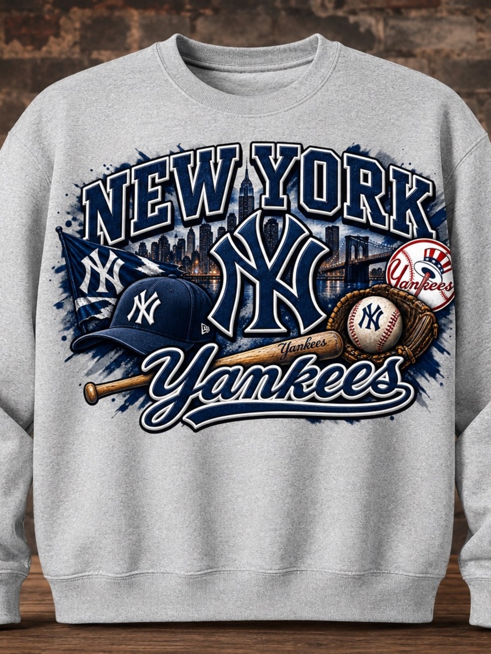 Grey NY Yankees Sweatshirt - Navy Graphic. Unisex M-XL